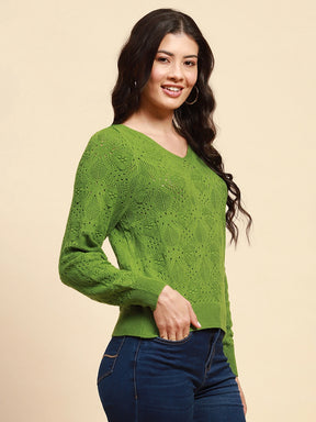 Green Viscose Blend Relaxed Fit Pullover For Women