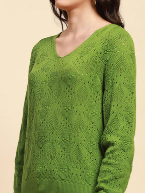 Green Viscose Blend Relaxed Fit Pullover For Women