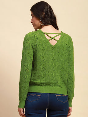 Green Viscose Blend Relaxed Fit Pullover For Women