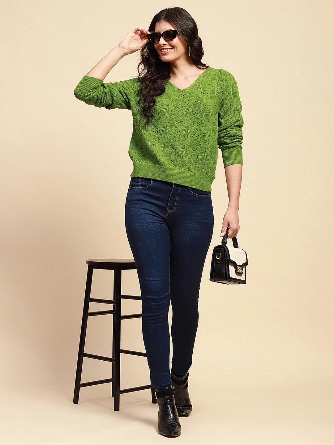 Green Viscose Blend Relaxed Fit Pullover For Women