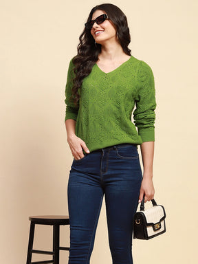 Green Viscose Blend Relaxed Fit Pullover For Women