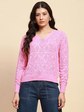 Pink Viscose Blend Relaxed Fit Pullover For Women