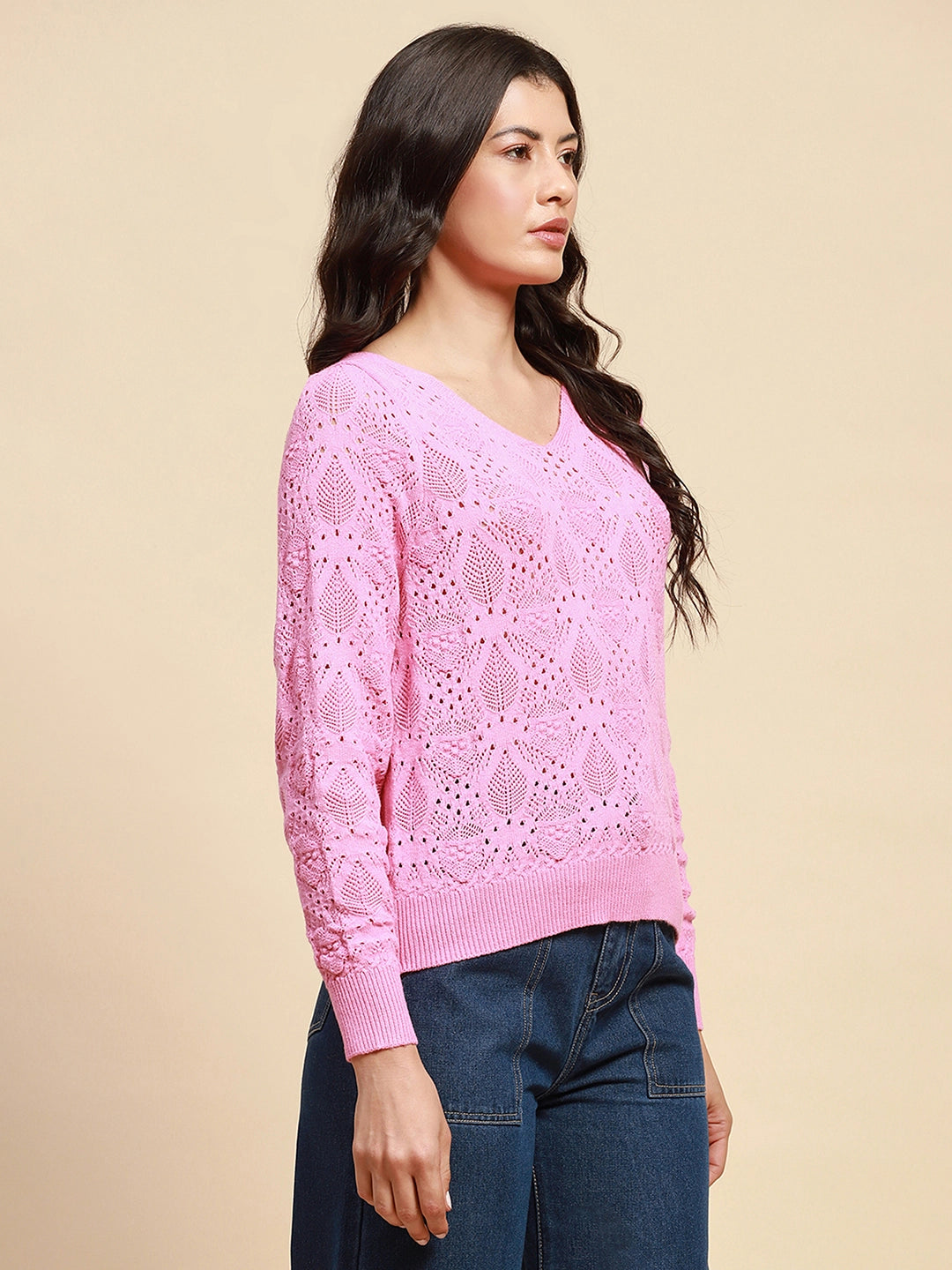 Pink Viscose Blend Relaxed Fit Pullover For Women