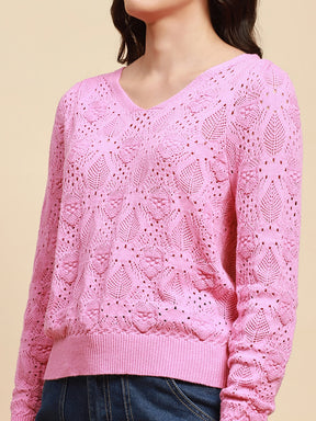 Pink Viscose Blend Relaxed Fit Pullover For Women