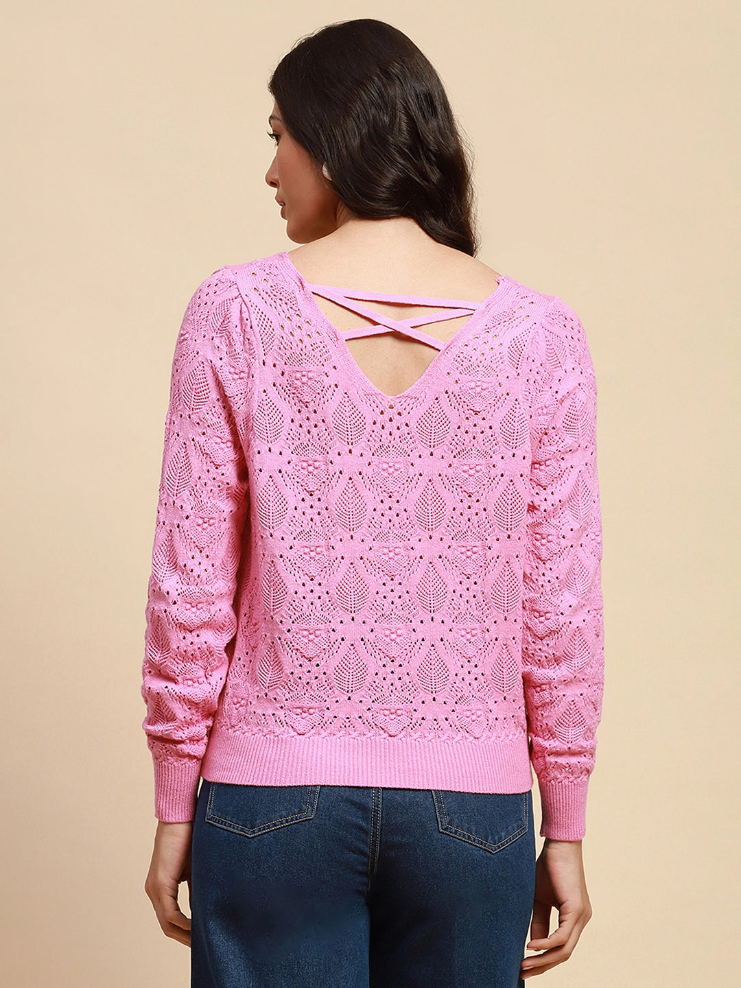 Pink Viscose Blend Relaxed Fit Pullover For Women