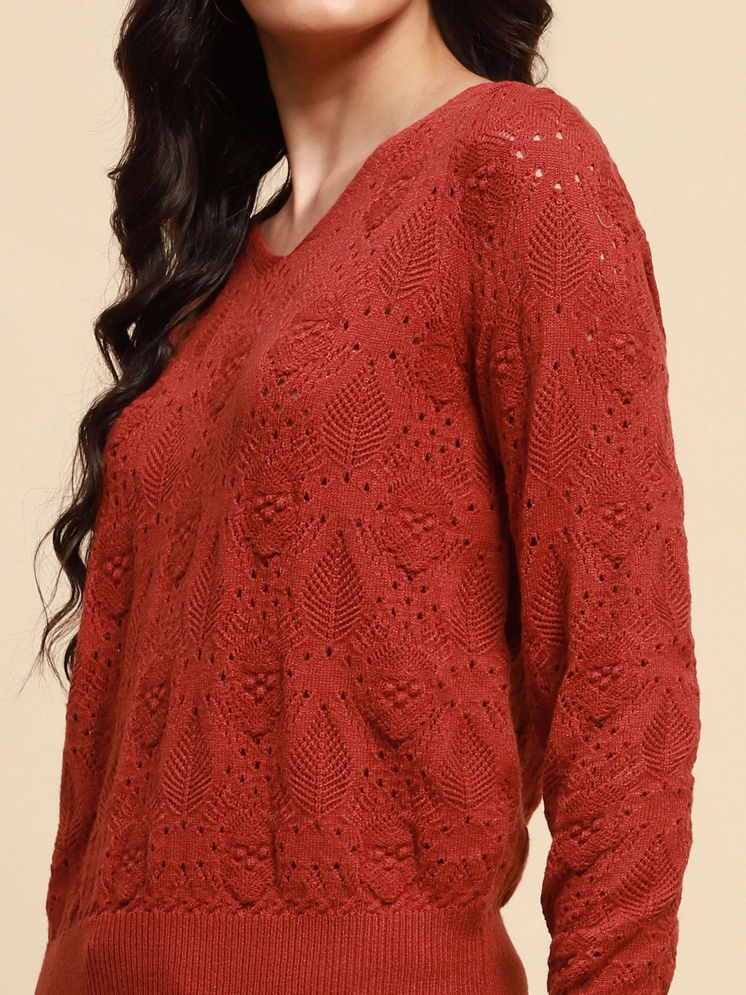 Rust Viscose Blend Relaxed Fit Pullover For Women