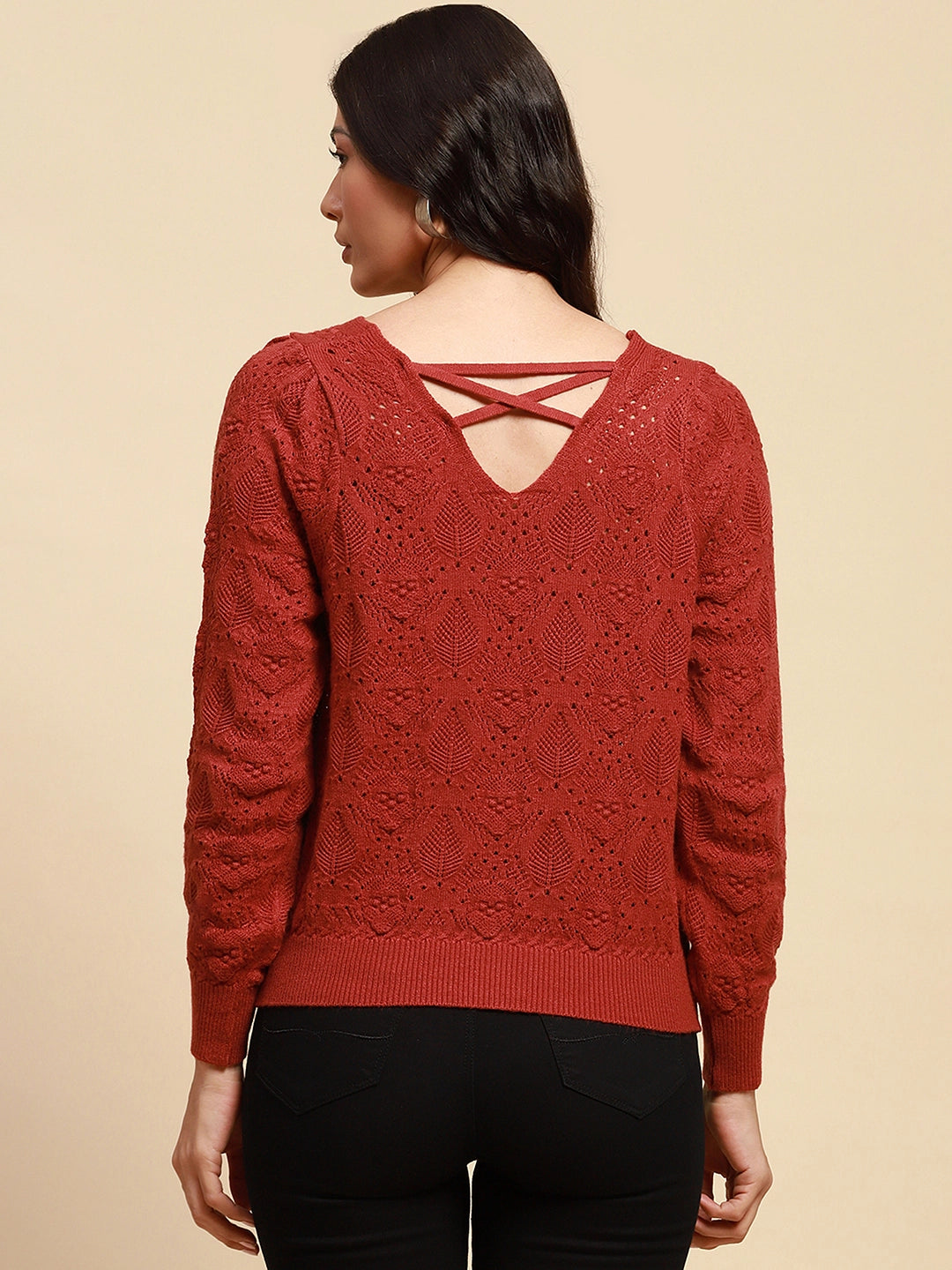 Rust Viscose Blend Relaxed Fit Pullover For Women