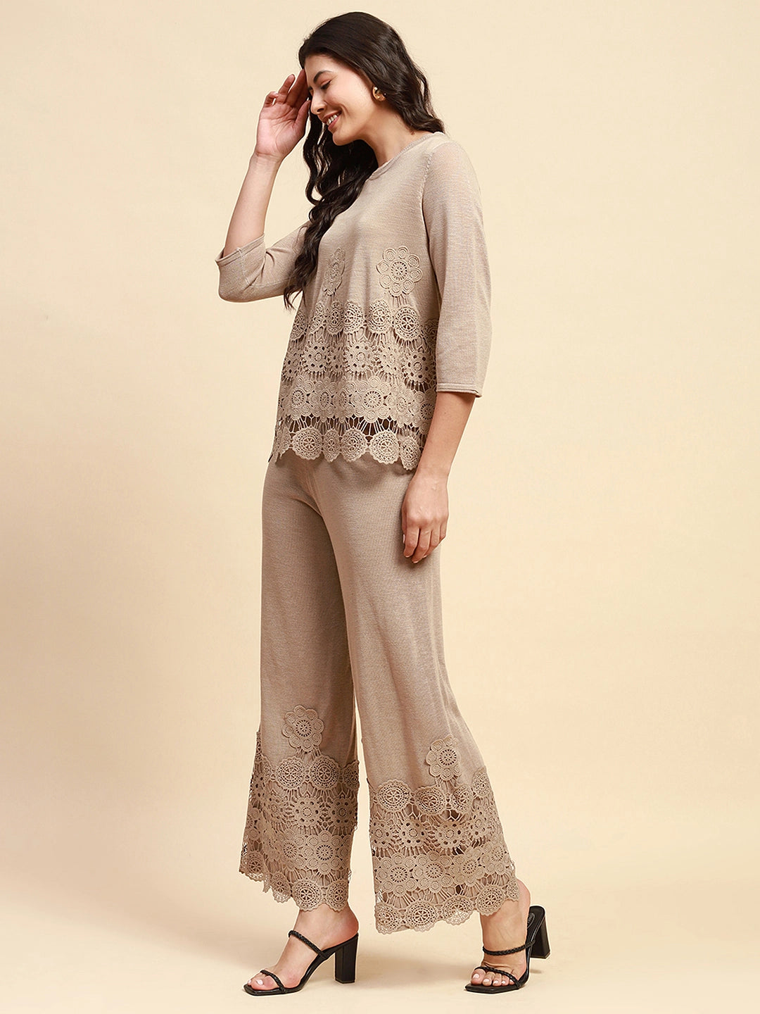 Light Khaki Viscose Blend Relaxed Fit Co-ord Sets For Women