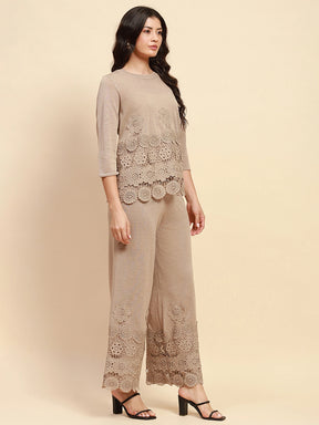 Light Khaki Viscose Blend Relaxed Fit Co-ord Sets For Women