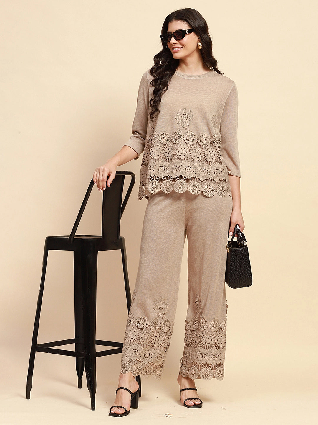 Light Khaki Viscose Blend Relaxed Fit Co-ord Sets For Women