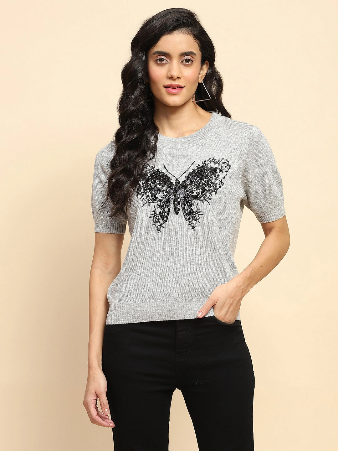 Grey Embellished Viscose Blend Regular Fit Top