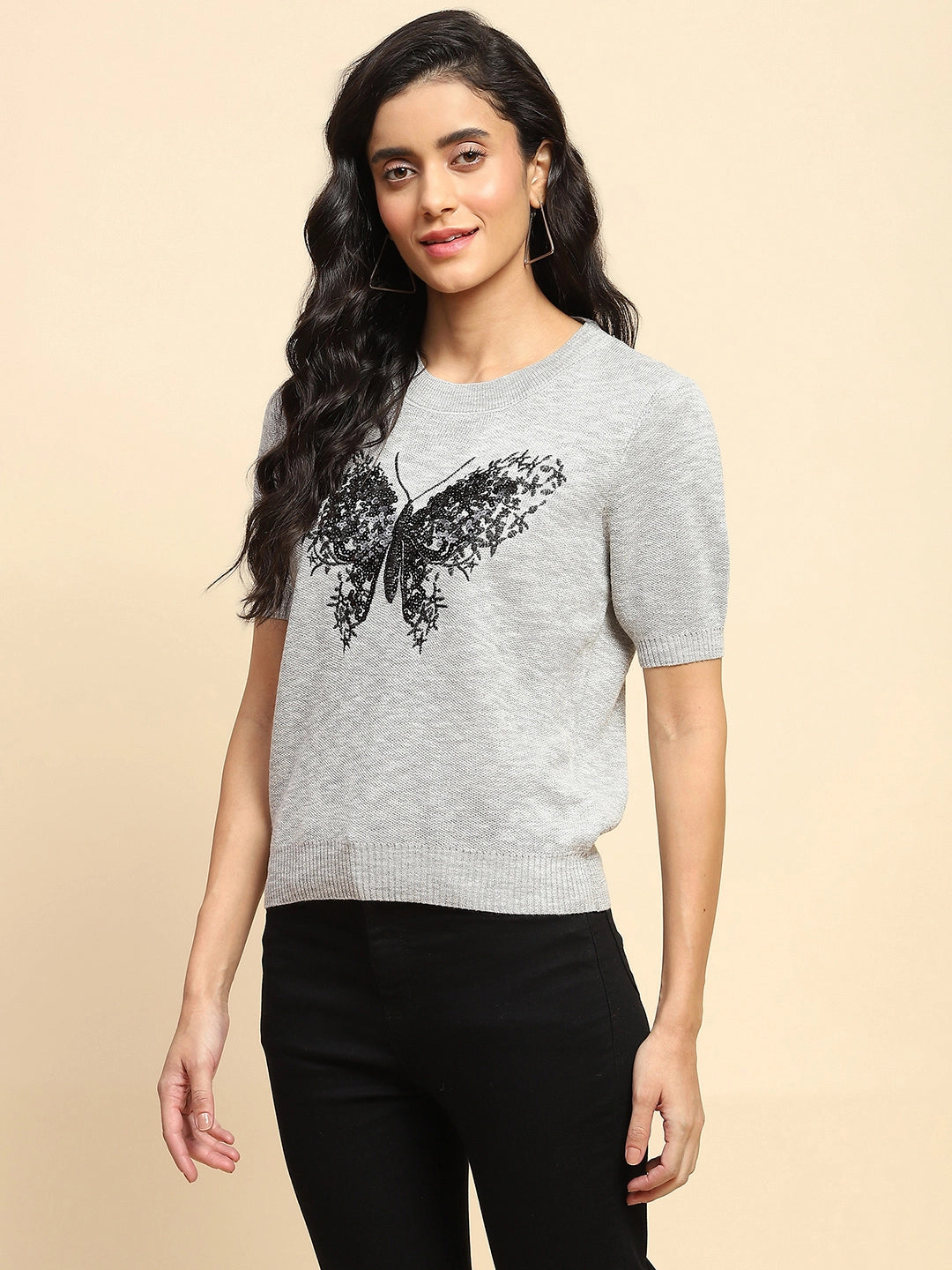 Grey Embellished Viscose Blend Regular Fit Top