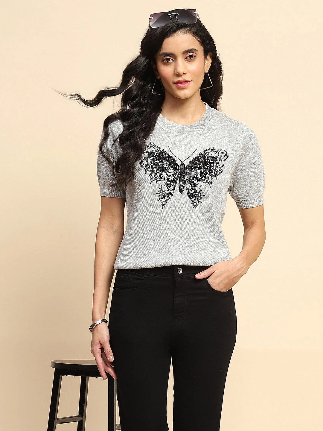 Grey Viscsoe Blend Regular Fit Top For Women