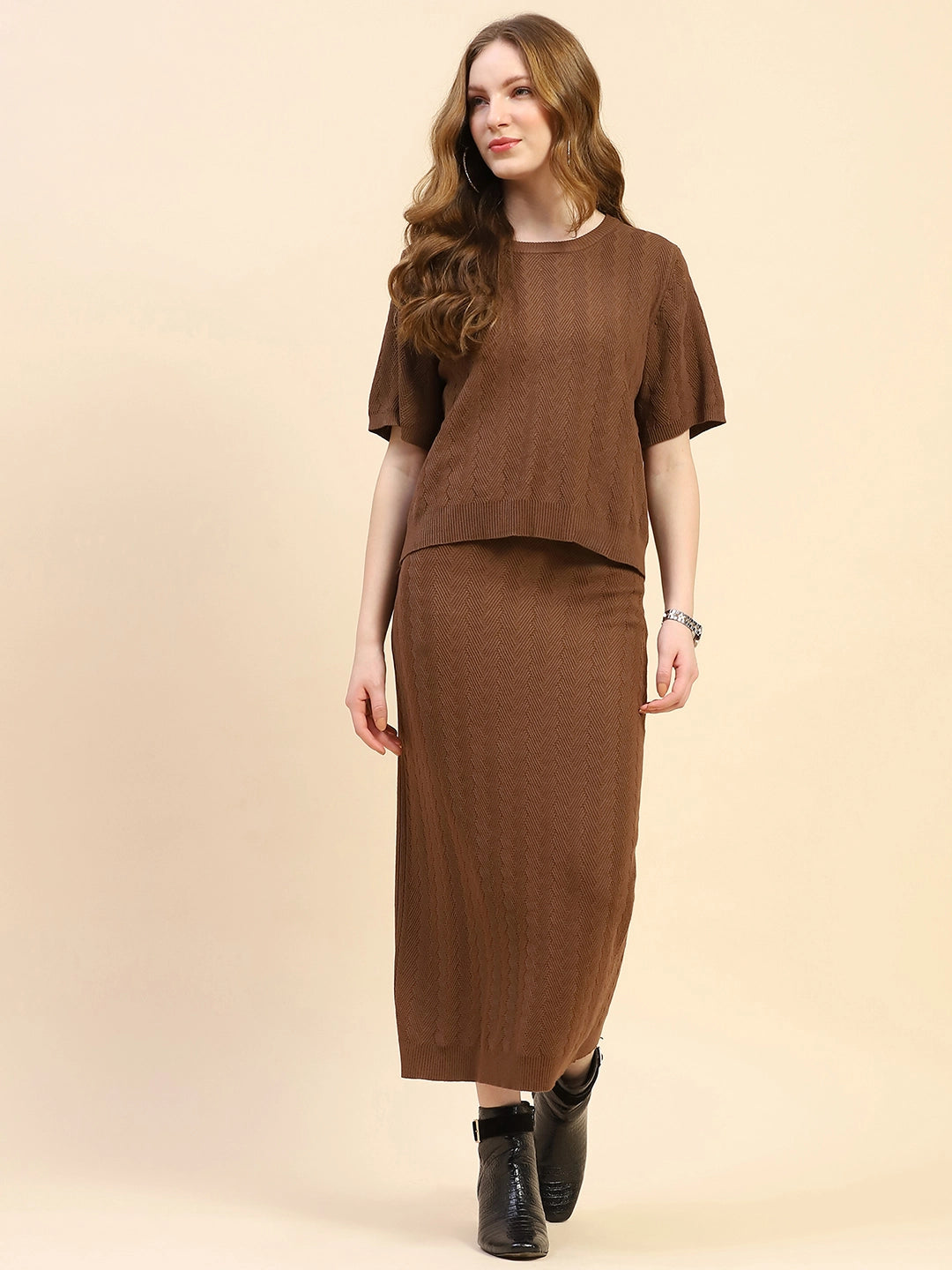 Brown Solid Viscose Blend Boxy Fit Co-ord Set