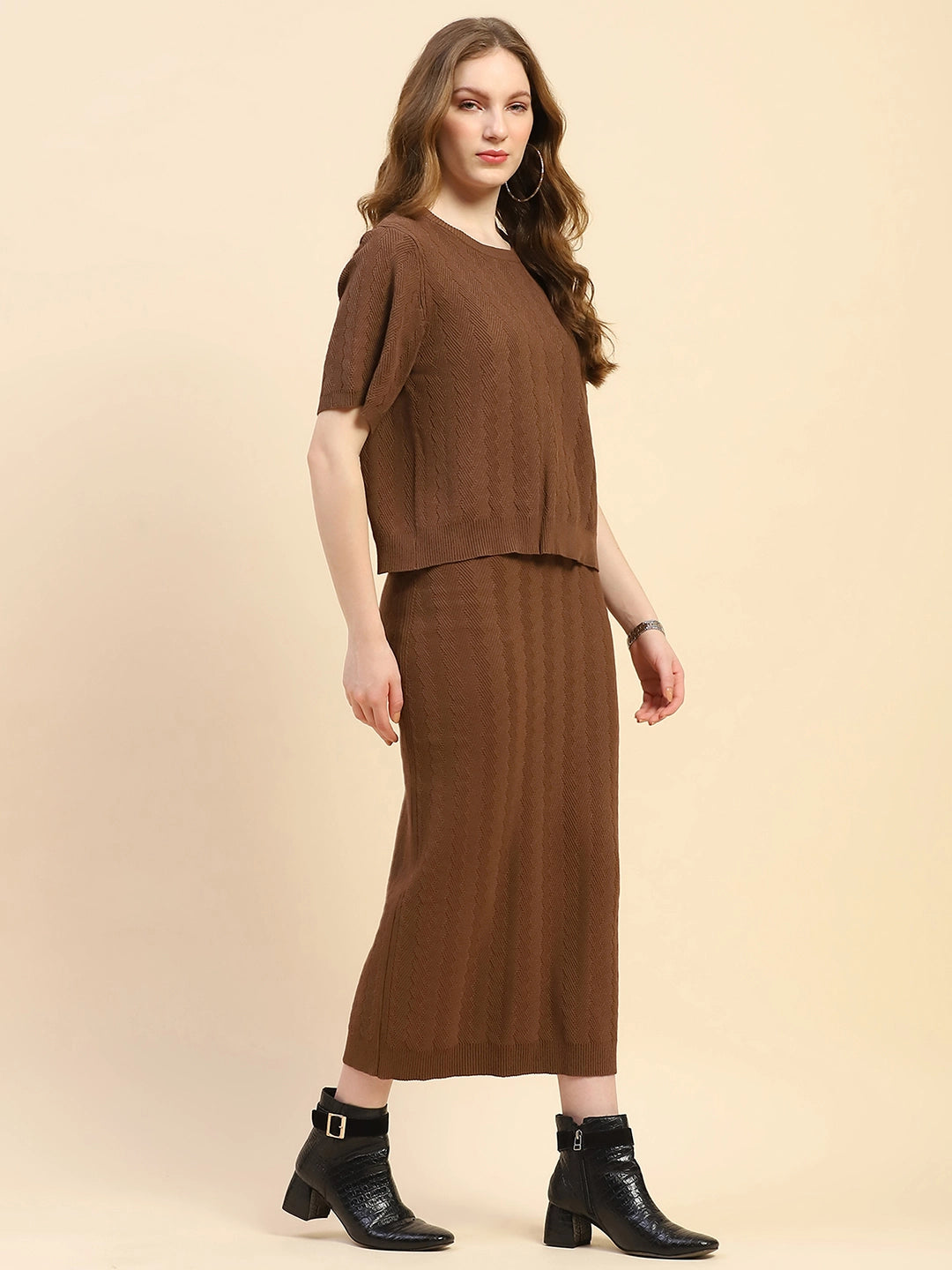 Brown Solid Viscose Blend Boxy Fit Co-ord Set