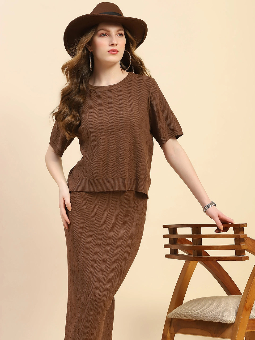 Brown Solid Viscose Blend Boxy Fit Co-ord Set