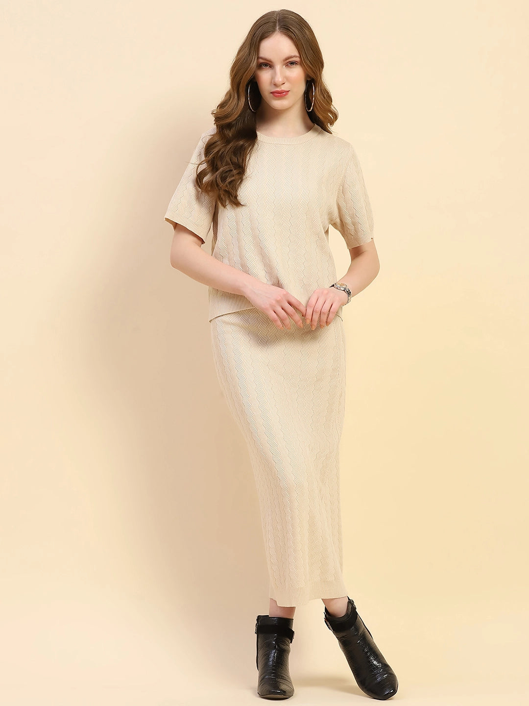 Light Beige Solid Viscose Blend Boxy Fit Co-ord Set