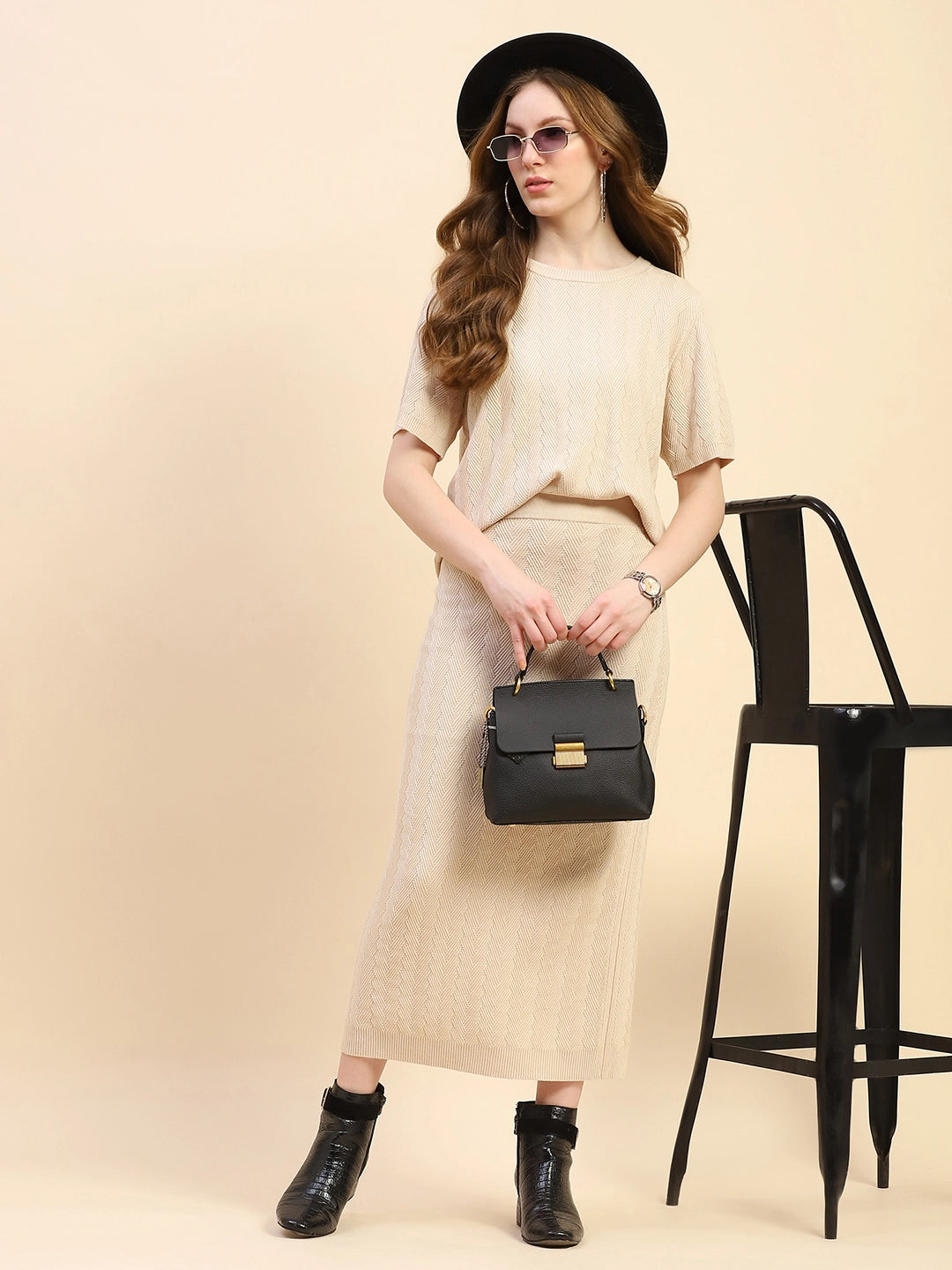 Light Beige Solid Viscose Blend Boxy Fit Co-ord Set