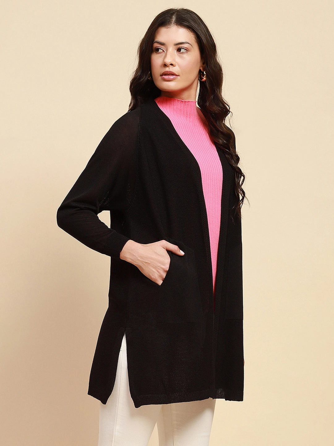 Black Viscose Blend Loose Fit Winter Shrug For Women