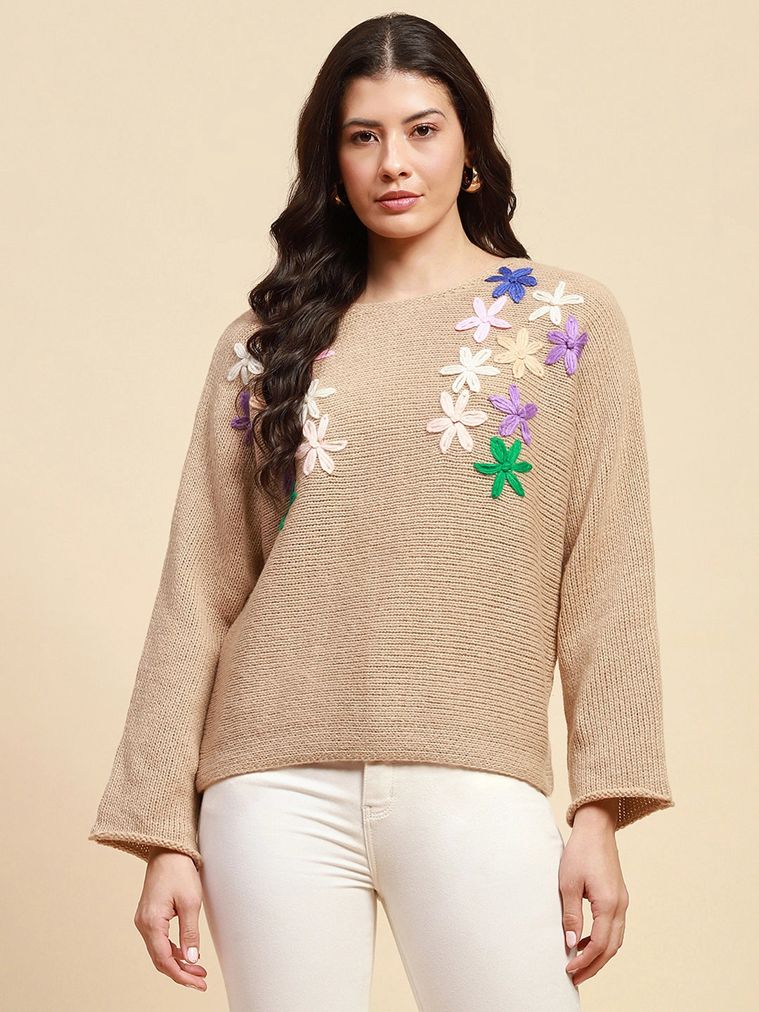 Khaki Poly Blend Loose Fit Pullover For Women