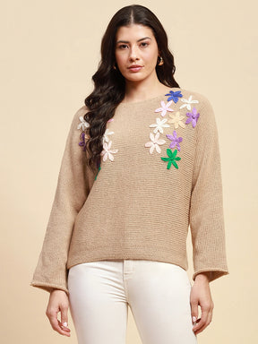 Khaki Poly Blend Loose Fit Embroidered Pullover