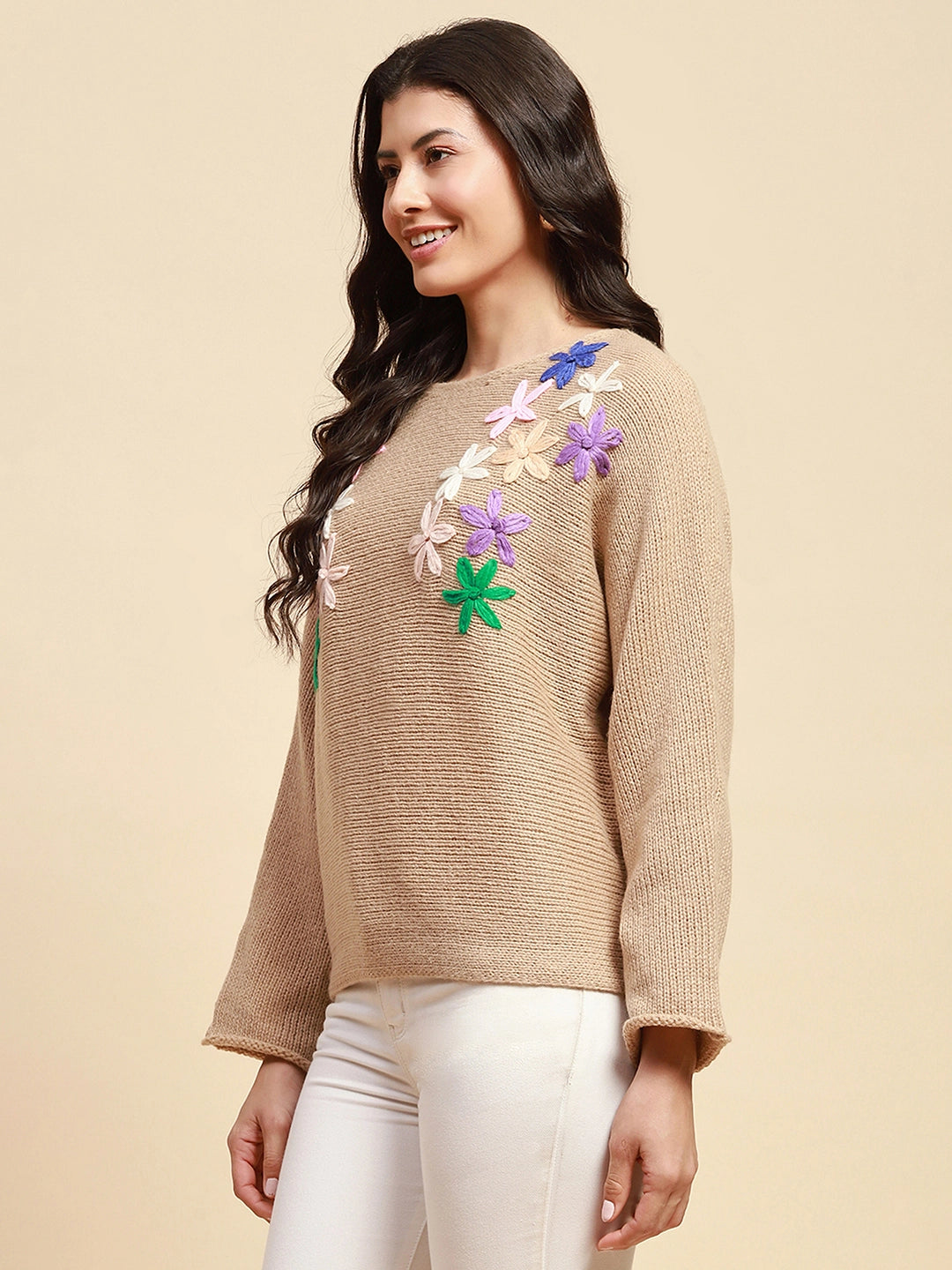 Khaki Poly Blend Loose Fit Embroidered Pullover