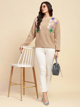 Khaki Poly Blend Loose Fit Embroidered Pullover