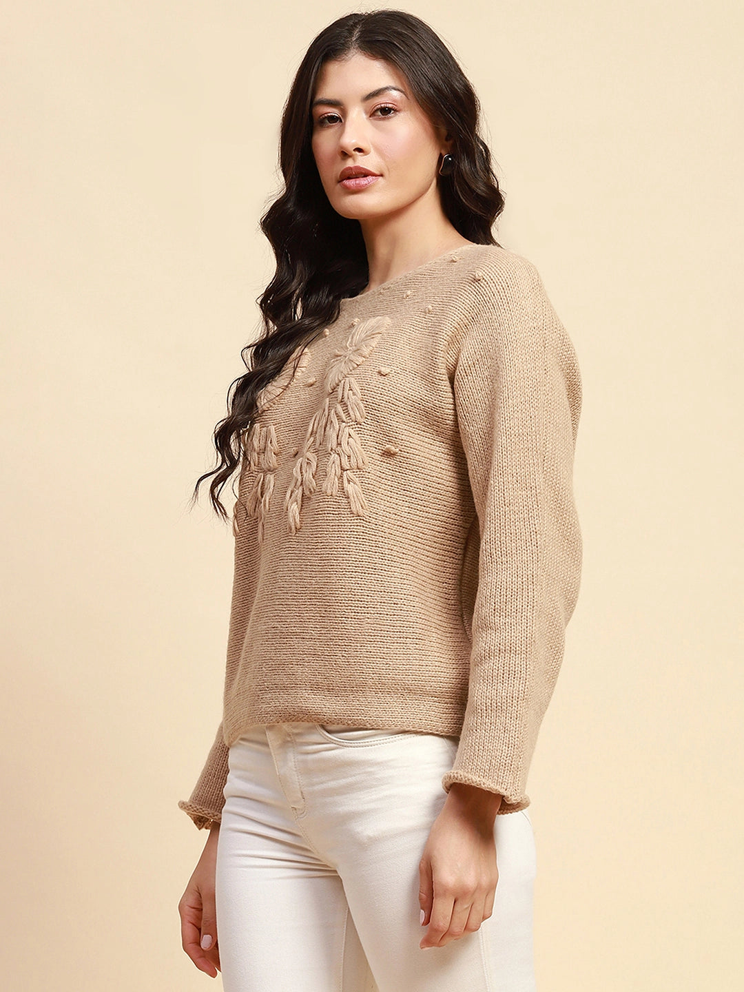 Khaki Poly Blend Relaxed Loose Fit Pullover For Women