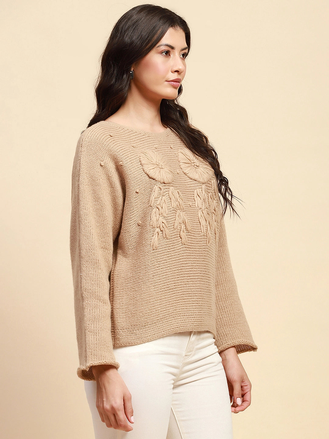 Khaki Poly Blend Relaxed Fit Pullover For Women