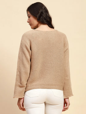 Khaki Poly Blend Relaxed Fit Pullover For Women