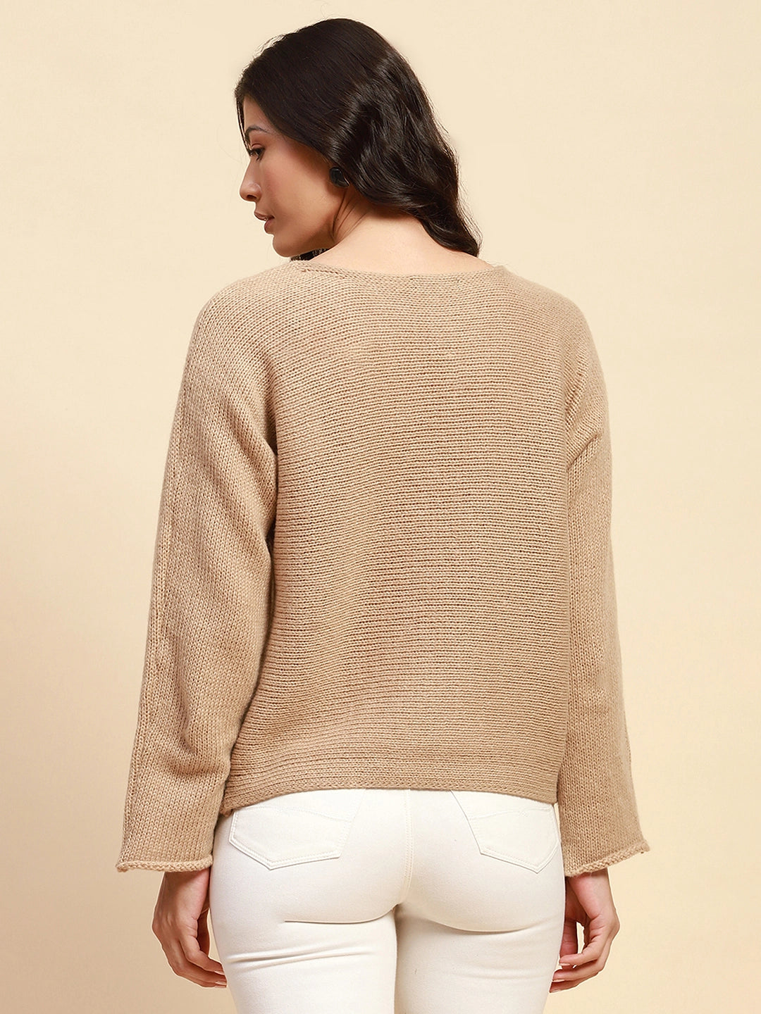 Khaki Poly Blend Relaxed Loose Fit Pullover For Women