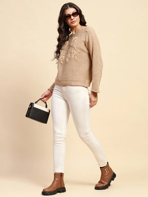 Khaki Poly Blend Relaxed Fit Pullover For Women