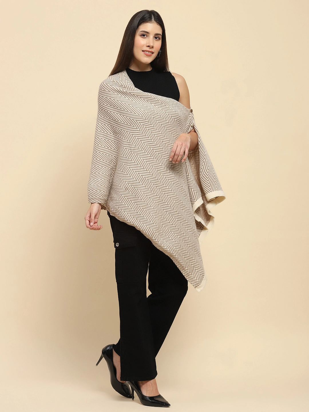 Beige Viscose Blend  Knitted Loose Fit Cape/ Shawl