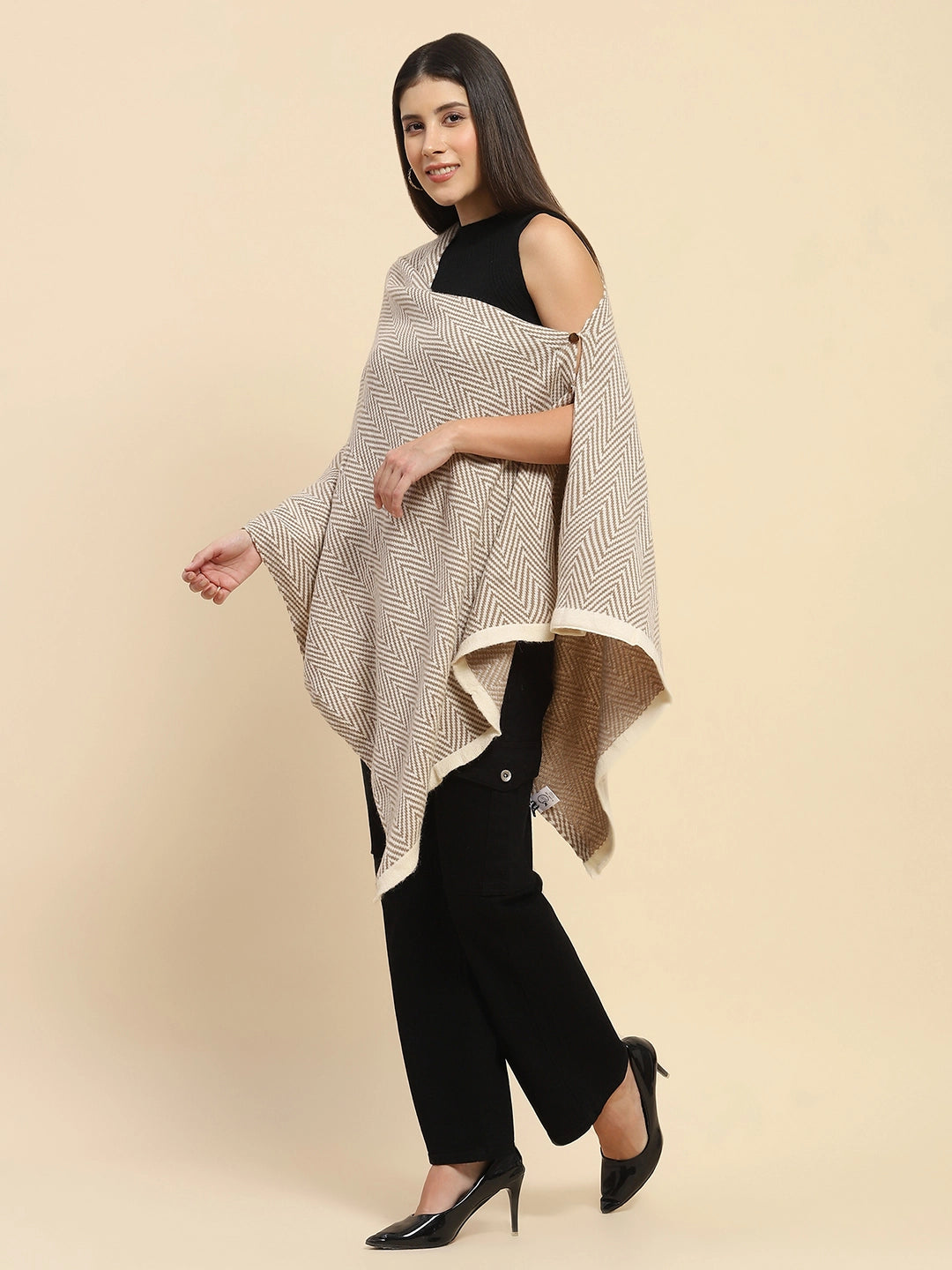 Beige Viscose Blend  Knitted Loose Fit Cape/ Shawl