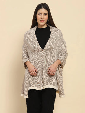 Beige Viscose Blend  Knitted Loose Fit Cape/ Shawl