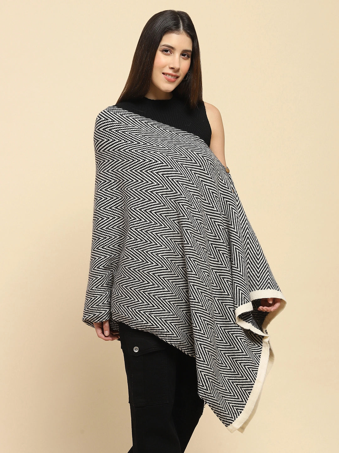 Black Viscose Blend  Knitted Loose Fit Cape/Shawl