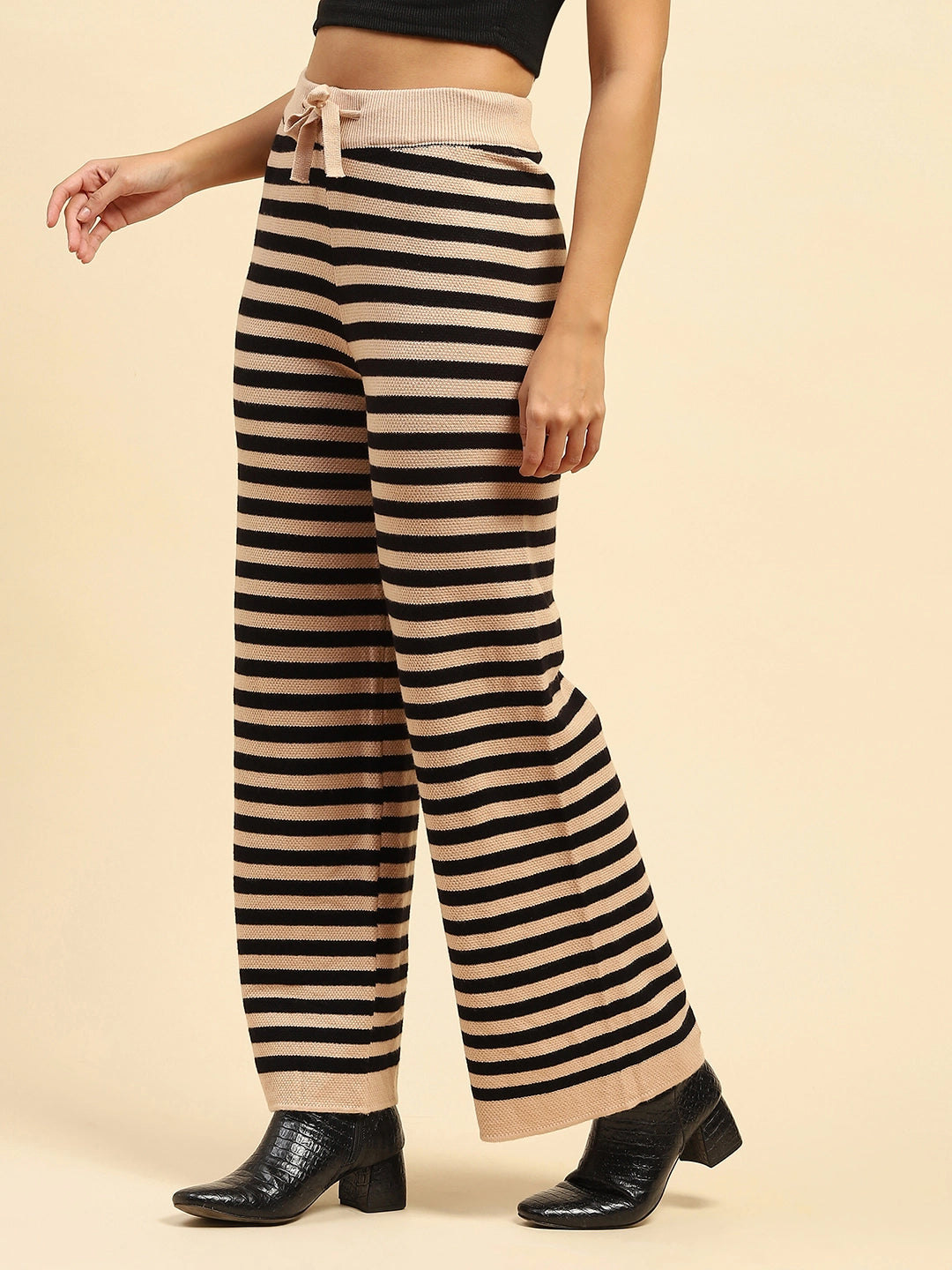 Black And Beige Striped Poly Viscose Relaxed Fit Lower