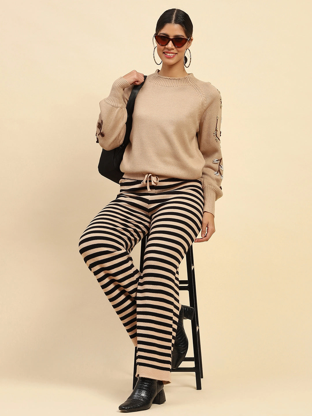 Black And Beige Striped Poly Viscose Relaxed Fit Lower