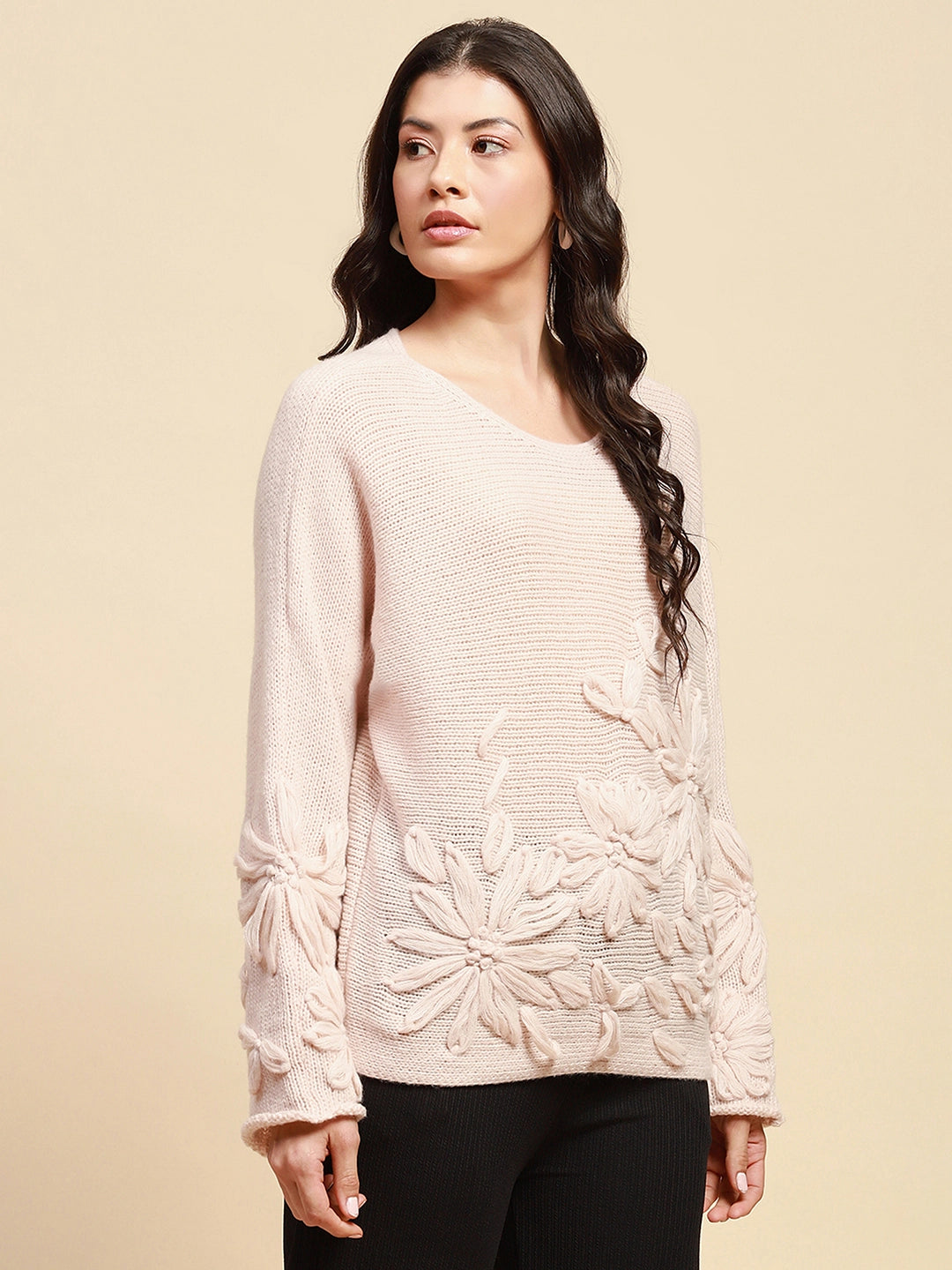 Natural Poly Blend Relaxed Fit Embroidered Pullover