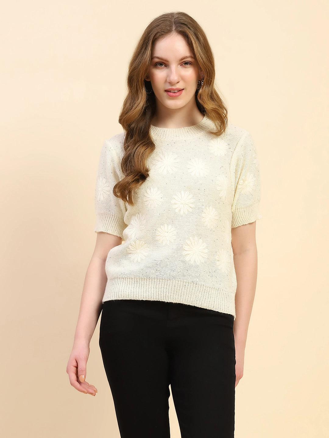 Natural Embroidered Acrylic Blend Relaxed Fit Pullover