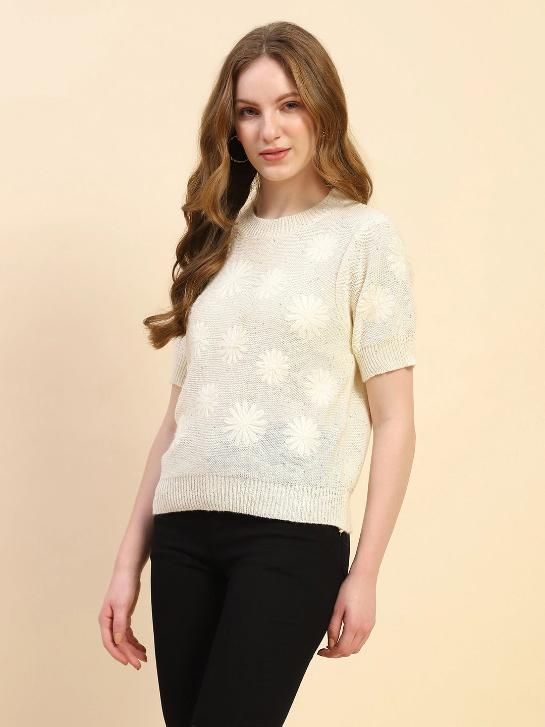 Beige Embroidered Acrylic Blend Relaxed Fit Pullover