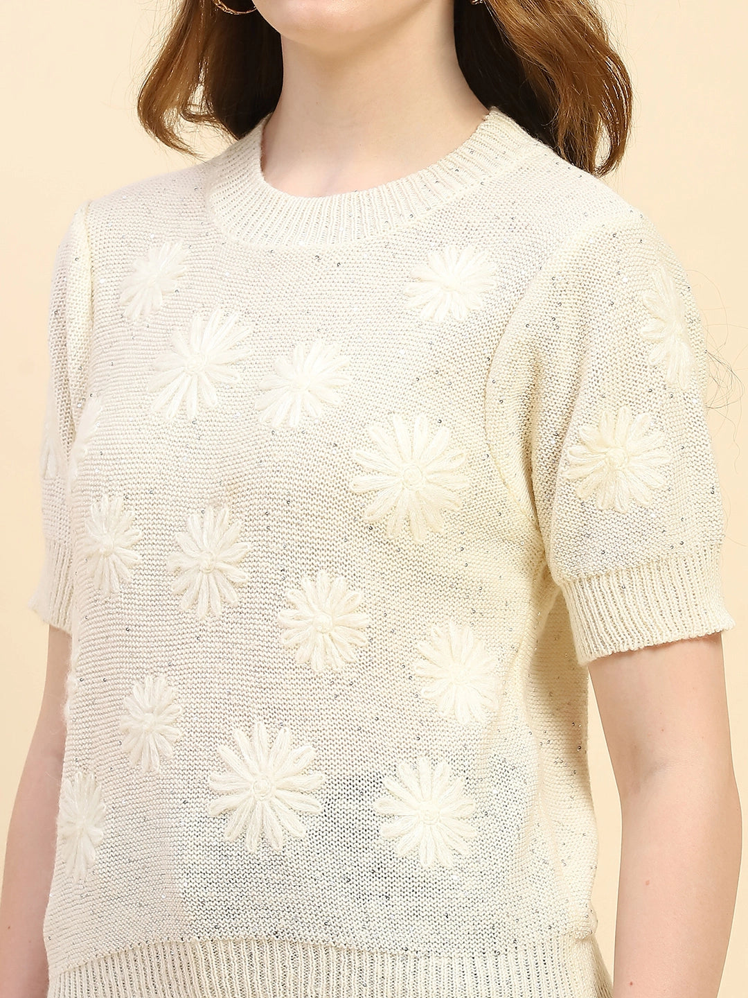 Natural Embroidered Acrylic Blend Relaxed Fit Pullover