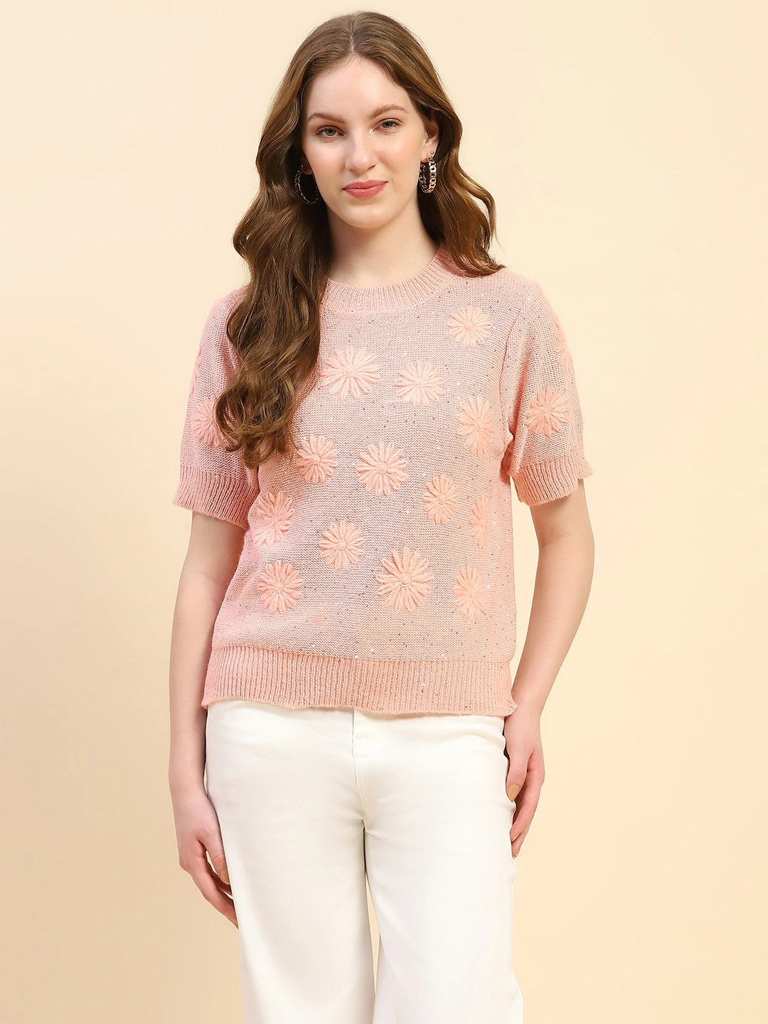 Pink Embroidered Acrylic Blend Relaxed Fit Pullover