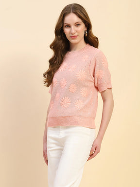 Pink Embroidered Acrylic Blend Relaxed Fit Pullover