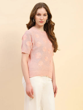 Pink Embroidered Acrylic Blend Relaxed Fit Pullover