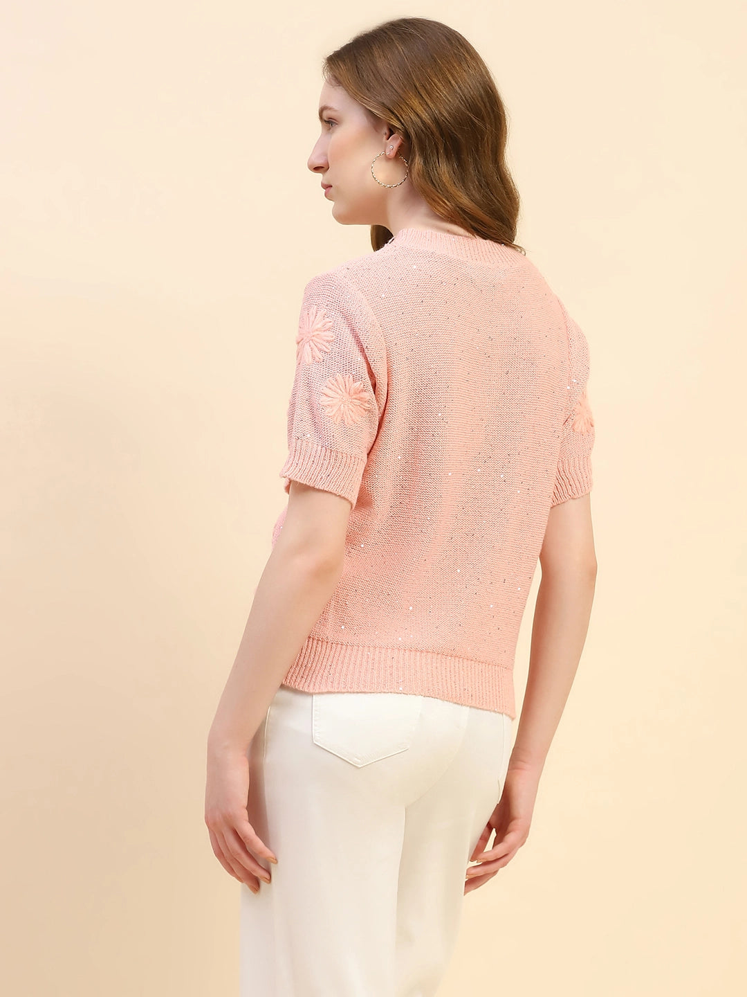 Pink Embroidered Acrylic Blend Relaxed Fit Pullover