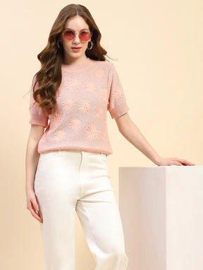 Pink Embroidered Acrylic Blend Relaxed Fit Pullover