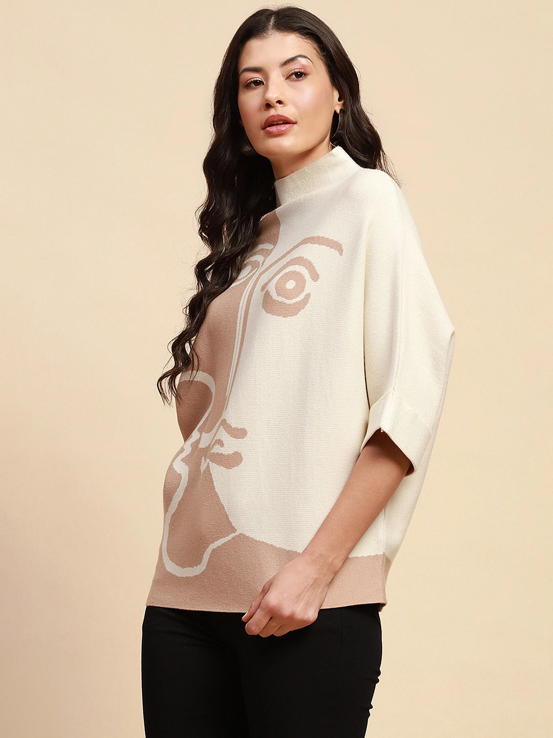 Beige Viscose Blend Loose Fit Pullover For Women