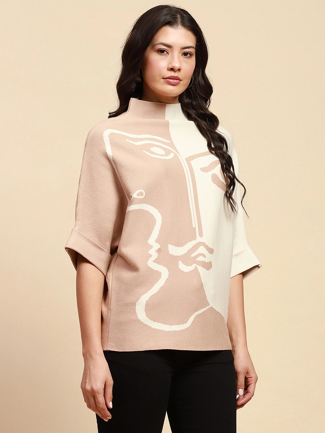 Beige Viscose Blend Loose Fit Pullover For Women