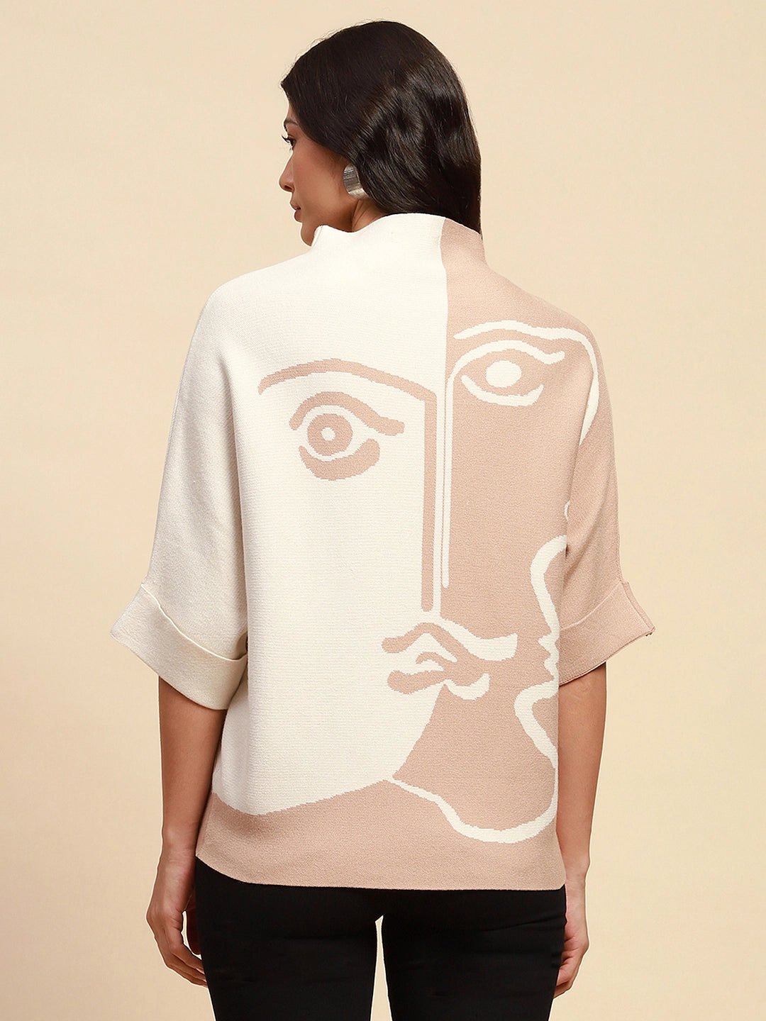 Beige Viscose Blend Loose Fit Pullover For Women